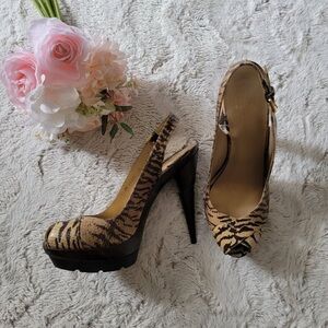 Stuart Weitzman Wessex Animal Print Platform Slingback Peep Toe Heels Size 10